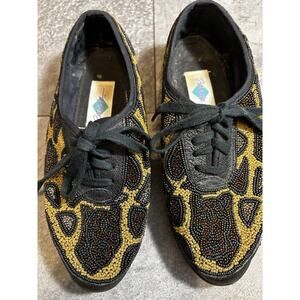 Vintage Womens 7 Beadz Sneakers Cheetah Tan Black Handmade Beaded Shoes
